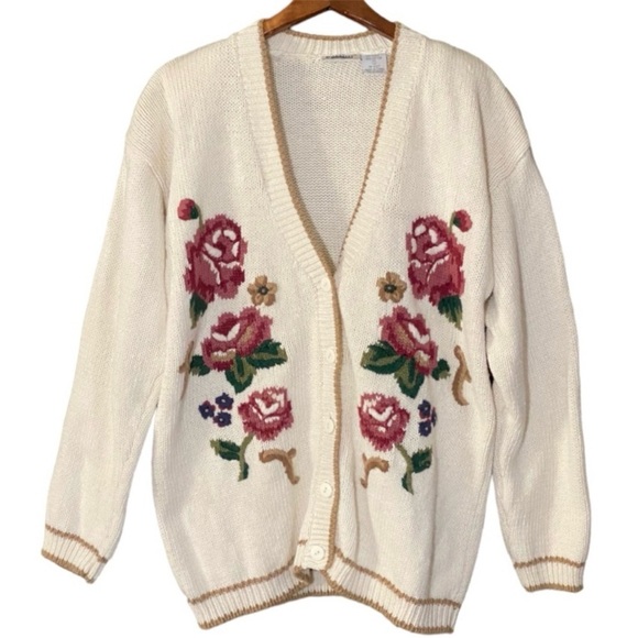 Vintage Sweaters - Vintage 90s Rose Floral Embroidered Cardigan Sweater M Granny Cottage Taylor